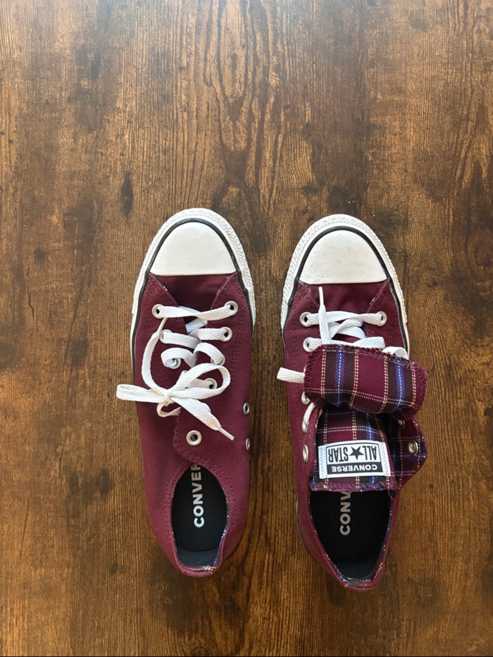 Converse Burgundy Low-Top Sneakers with Plaid Tongue